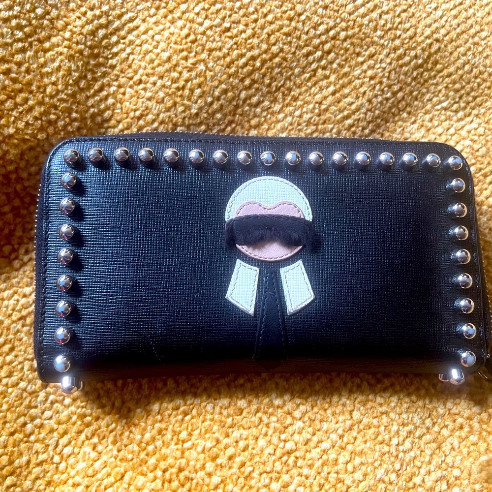 Fendi Continental Zipper Black Silver Studded Karl Lagerfeld Wallet